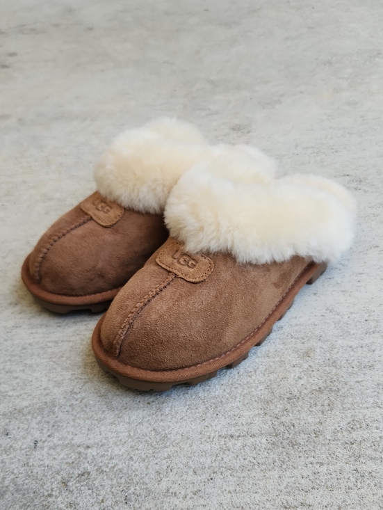 UGG Shoes - UGG Chestnut Suede Slip-On Mules with Cream Fur Trim,Size 6